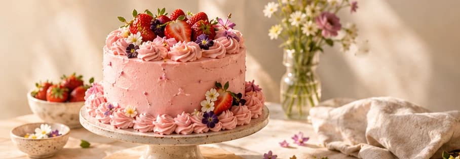 Strawberry Cloud cake with pink frosting, fresh strawberries and edible flowers on a cake stand